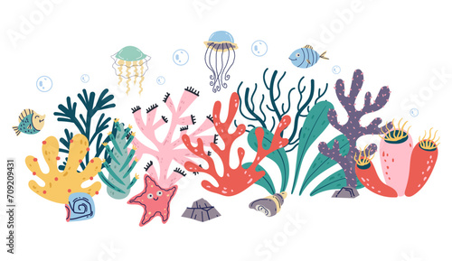 Exotic coral reef seamless cover banner underwater nature life concept. Vector flat graphic design element concept