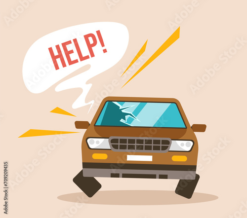 Broken car damage accident crash steam concept. Vector flat graphic design element concept illustration