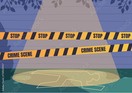 Crime scene with dead body silhouette. Crime street. Vector flat cartoon illustration