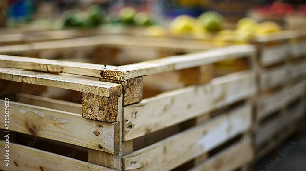 Empty wooden crates in the market where fruit and vegetables are usually kept indicate a lack of goods. - obrazy, fototapety, plakaty 