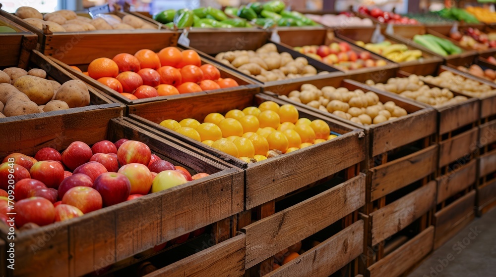 Wooden crates neatly filled with fresh potatoes, oranges, lemons and apples are lined up on supermarket shelves, showcasing the wealth of choice for shoppers