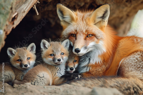 A red fox family shares a tender bonding moment in their cozy den