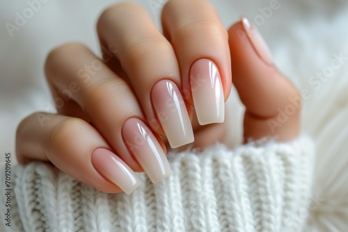 Woman hand with nude shades nail polish on her fingernails. Nude color nail manicure with gel polish photo