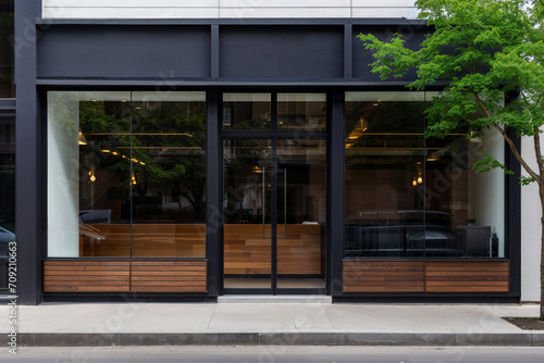 Valokuva Contemporary building exterior featuring a sleek facade with large glass windows and elegant wooden decor, epitomizing modern commercial property design