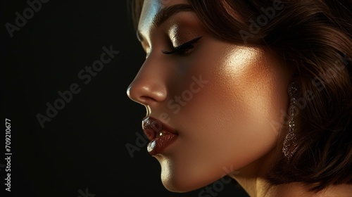 Stunning woman with gold earring, bob hairstyle, dark brown background, flawless features and alluring expression. photo