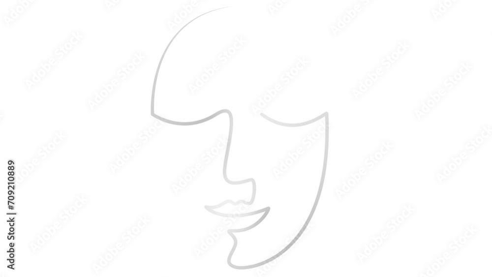 Animated silver linear face of a human with closed eyes is gradually drawn. Head from ribbon. Single line. Concept of beauty. Looped video. Vector illustration isolated on white background.