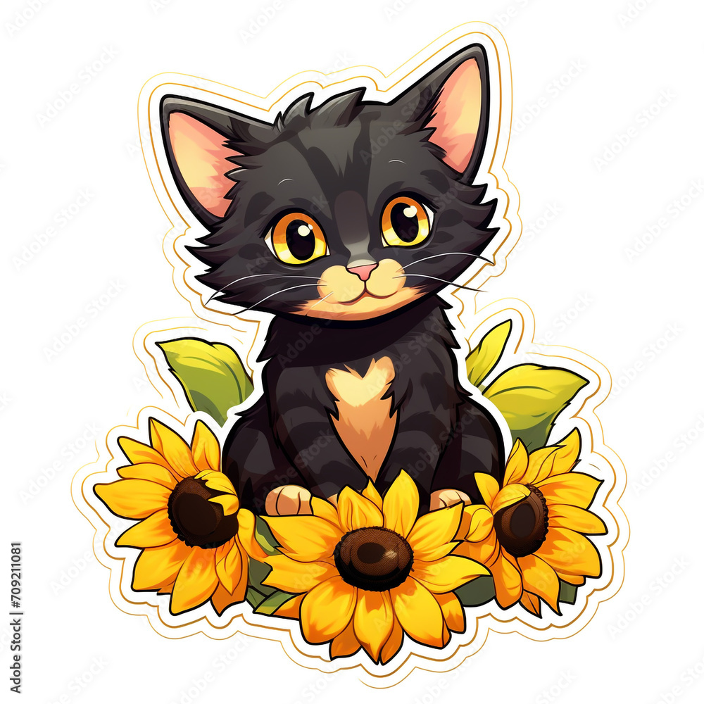kitten sitting on a cute, bright sunflower, in the style of manga style created with Generative Ai