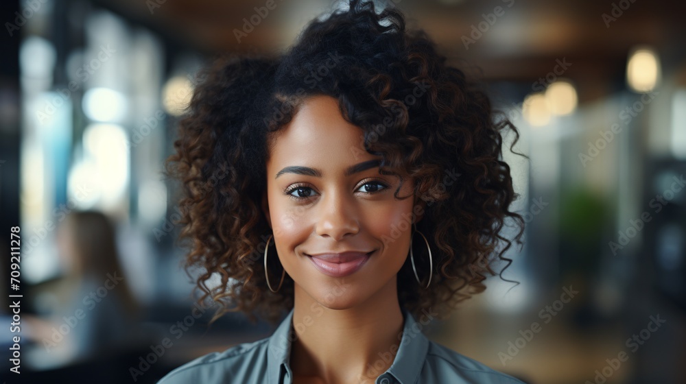 A successful career woman posing for a headshot in a startup company. A successful career woman posing for a headshot in a startup company.