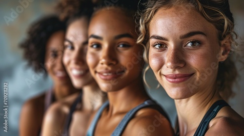 A group of youthful sportswomen wearing workout gear happily pose in a studio to show their passion for physical activity and wellness.