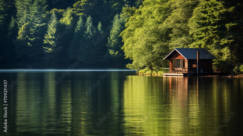 Obraz premium Beautiful tranquil water side landscape with boat and small cabin