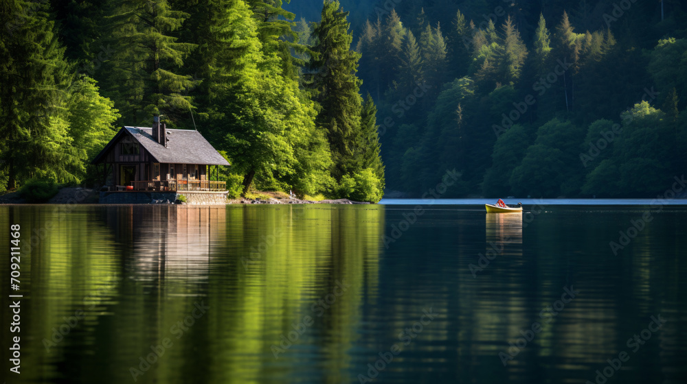 Fototapeta premium Beautiful tranquil water side landscape with boat and small cabin
