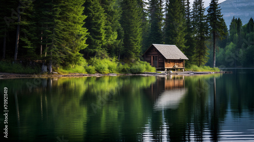 Beautiful tranquil water side landscape with boat and small cabin
