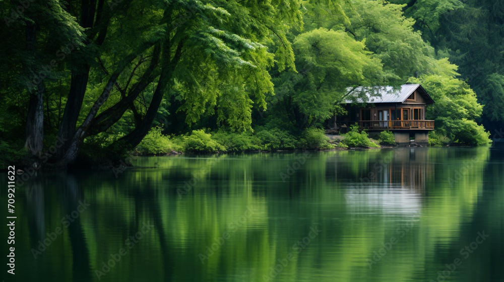 Beautiful tranquil water side landscape with boat and small cabin Beautiful tranquil water side landscape with boat and small cabin