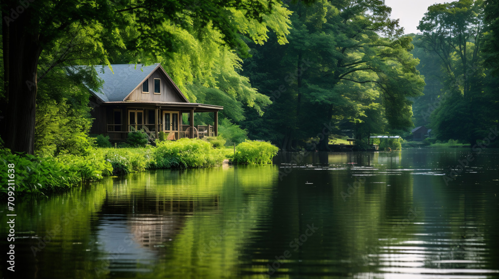 Beautiful tranquil water side landscape with boat and small cabin Beautiful tranquil water side landscape with boat and small cabin