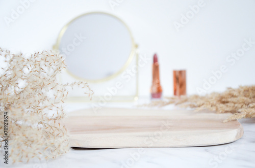 placing your product, a dressing table with a mirror in the background