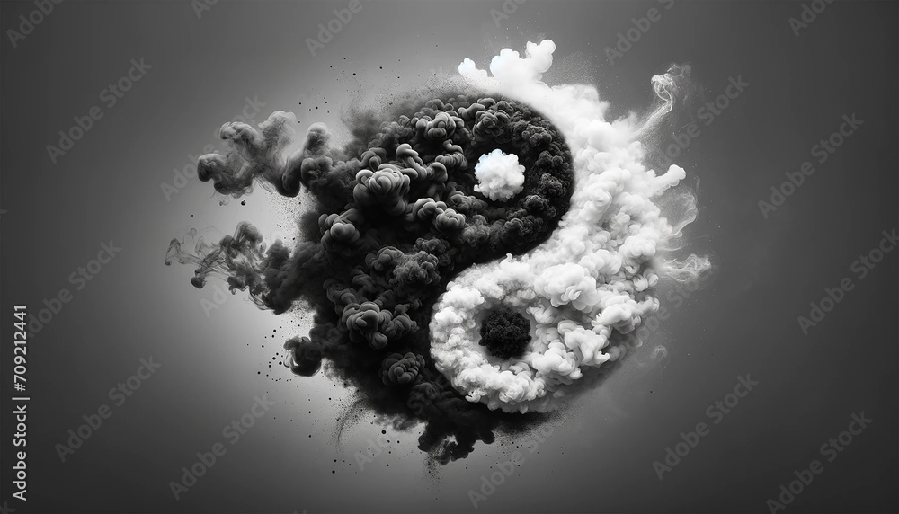 Yin yang symbol made of smoke on white background - obrazy, fototapety, plakaty 
