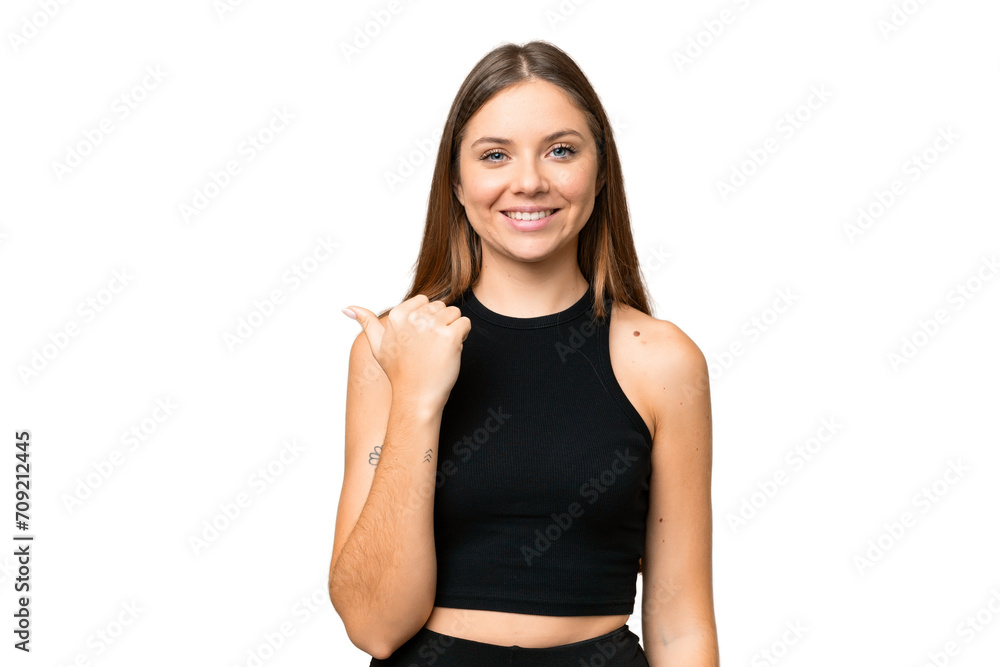 Young blonde woman over isolated chroma key background pointing to the side to present a product Young blonde woman over isolated chroma key background pointing to the side to present a product