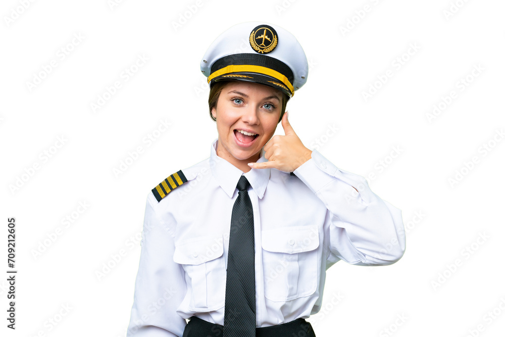 Airplane pilot woman over isolated chroma key background making phone gesture. Call me back sign Airplane pilot woman over isolated chroma key background making phone gesture. Call me back sign