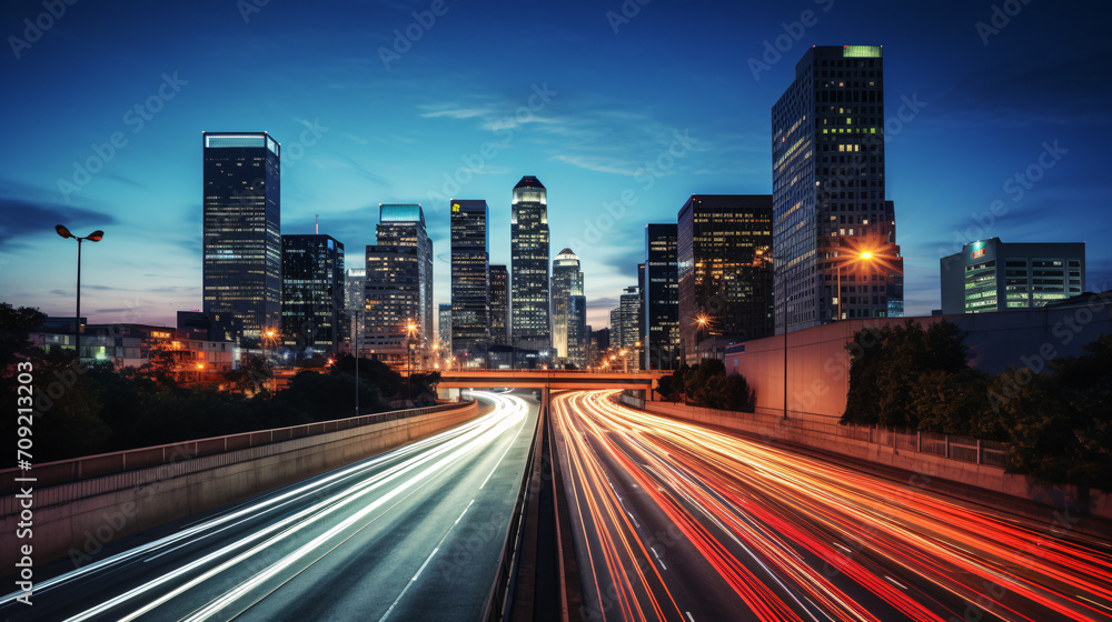 Metropol city by night with cars leaving light trails 