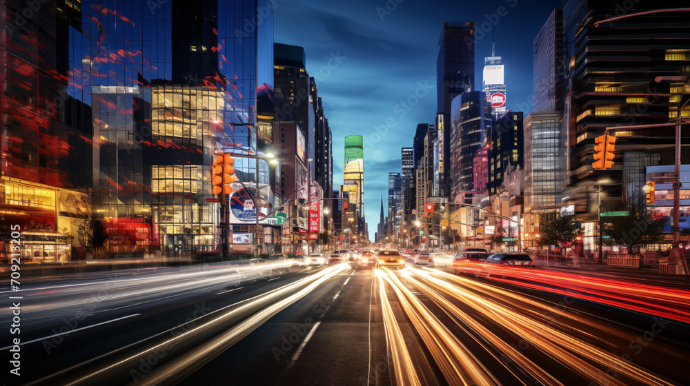 Metropol city by night with cars leaving light trails 