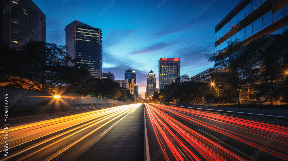 Metropol city by night with cars leaving light trails 