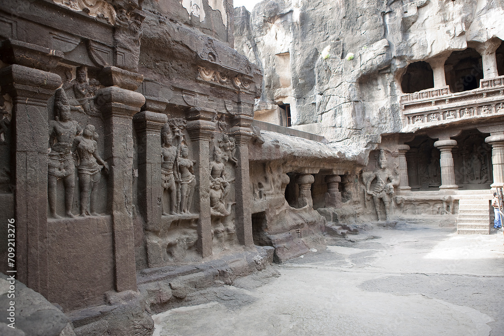 India cave temples of Ellora on a sunny autumn day.