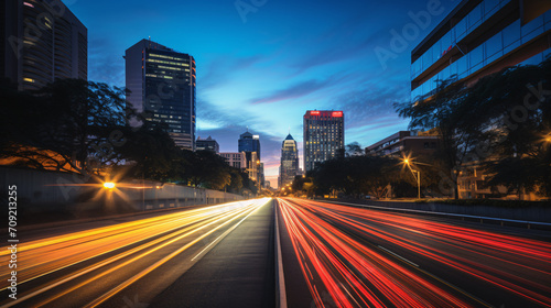 Metropol city by night with cars leaving light trails 