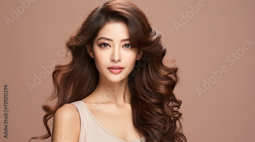 A youthful Asian woman with bouncy hair, Korean-inspired makeup, and flawless complexion on a neutral background, showcasing skin care and cosmetic enhancements.