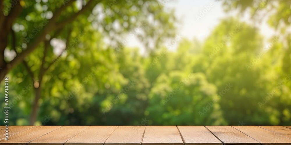 Wooden table for food display over green garden background, Empty wood shelf, desk with blurred tree park in spring and summer, Table top, counter with nature background.