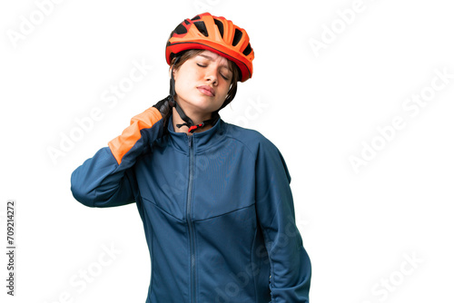 Young cyclist girl over isolated chroma key background with neckache