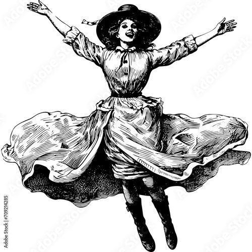 Jumping Old Fashioned Woman In The Big Dress