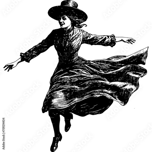 Old Fashioned Woman Running In The Big Dress