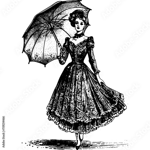 Old Fashioned Woman In The Big Dress With Umbrella 