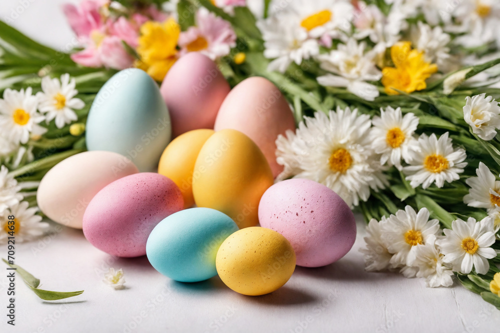 Spring Easter holiday. Background with eggs in nests and spring flowers. Greeting card background with copy space. Generative Ai Spring Easter holiday. Background with eggs in nests and spring flowers. Greeting card background with copy space. Generative Ai