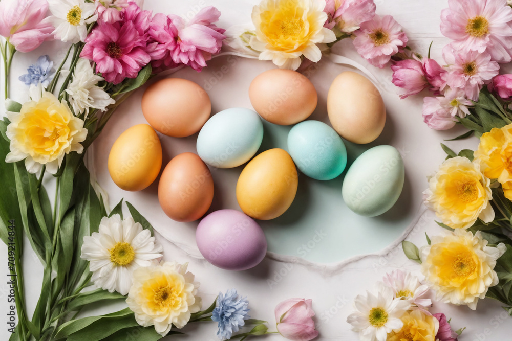 Spring Easter holiday top view. Flat lay background with eggs in nests and spring flowers. Greeting card background with copy space. Generative Ai Spring Easter holiday top view. Flat lay background with eggs in nests and spring flowers. Greeting card background with copy space. Generative Ai