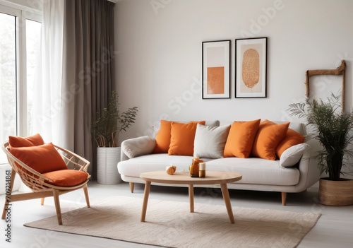 Modern Living Room: Cozy Sofa, Orange Cushions, and Scandinavian Style.