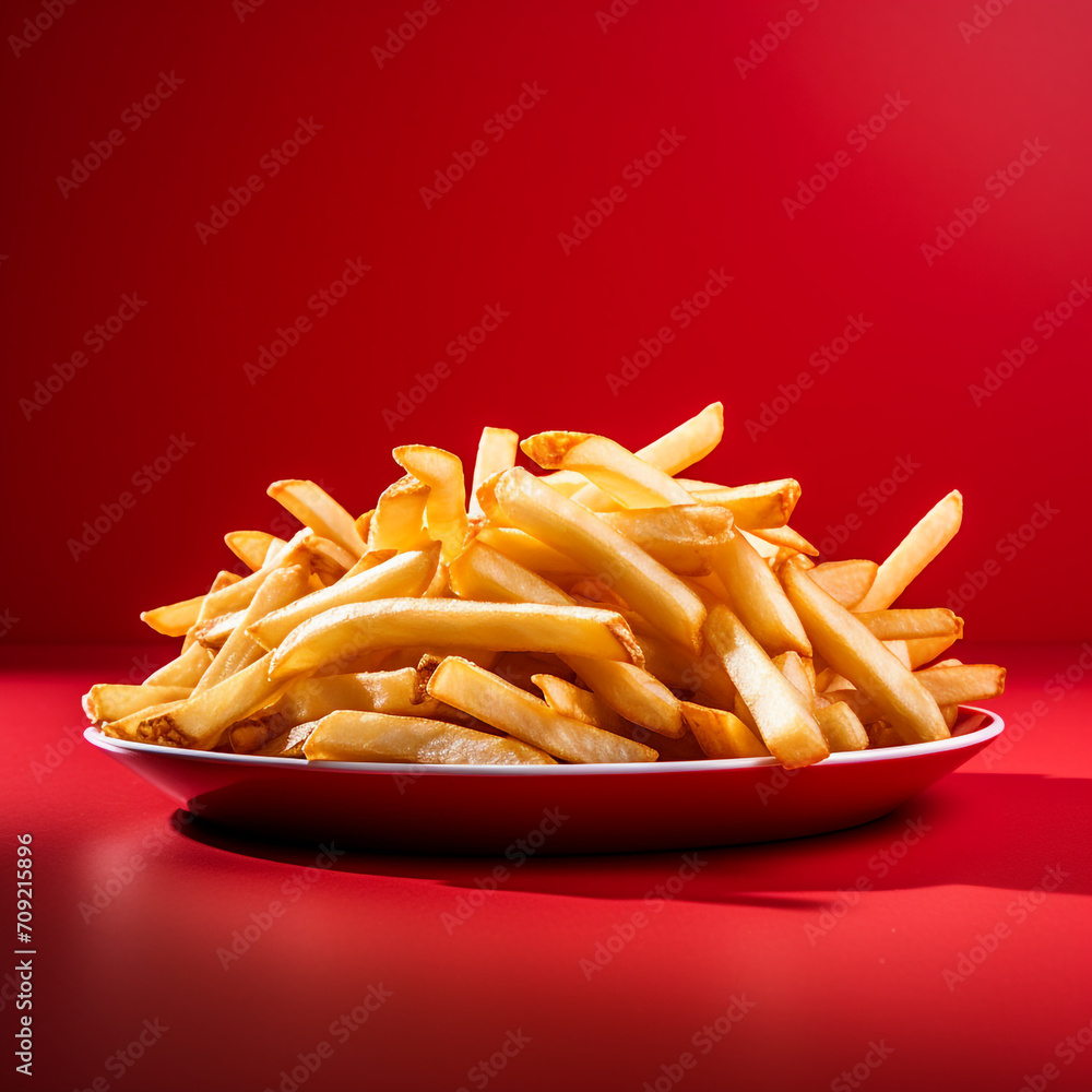 food photography, red plate with french fries on a red background created with Generative Ai food photography, red plate with french fries on a red background created with Generative Ai