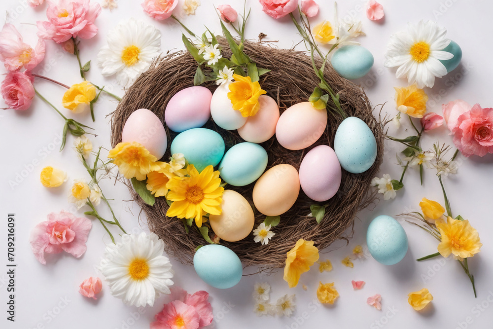 Spring Easter holiday top view. Flat lay background with eggs in nests and spring flowers. Greeting card background with copy space. Generative Ai Spring Easter holiday top view. Flat lay background with eggs in nests and spring flowers. Greeting card background with copy space. Generative Ai