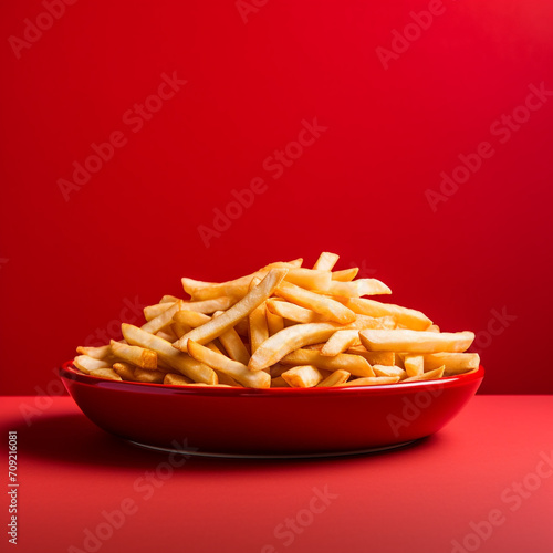 food photography, red plate with french fries on a red background created with Generative Ai