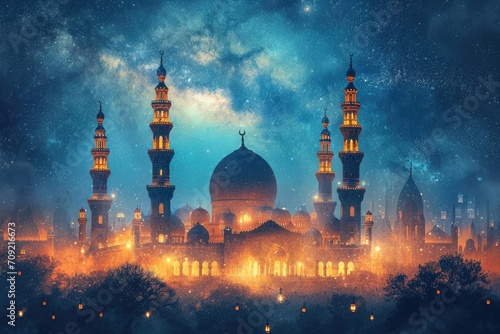 Ramadhan Kareem Splendor Lanterns and Mosque Background in Light Navy and Gold