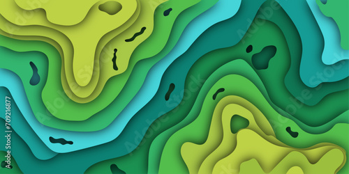 Abstract landscape in the style of cut out layers of paper. Background or map of abstract relief of mountains, rivers and meadows, curved layers and shadows. Vector illustration for design.