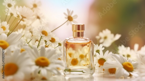 Exquisite Fragrance Ensemble: A Petite Bottle of Perfume Accompanied by Enchanting Blooms - AI Generative