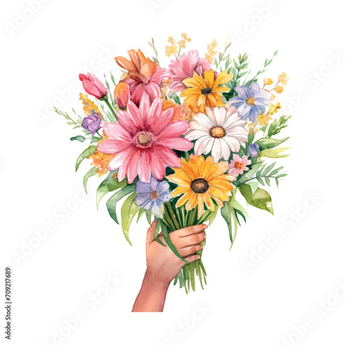 spring bouquet in hands watercolor naive style on white background