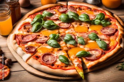 pizza with salami and vegetables