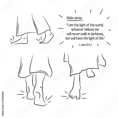 Fototapeta Naklejka Na Ścianę i Meble -  A set of simple line illustrations of Jesus foot walking close up