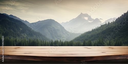 River and mountain background with a wooden table top - for displaying or showcasing your products.