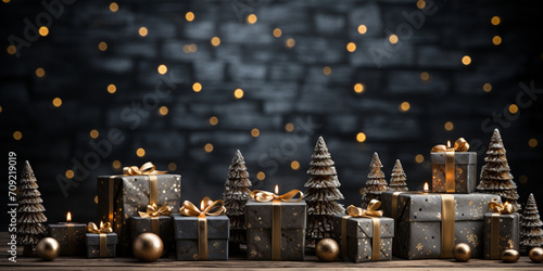 Experience seasonal delight with this gray Christmas tree and decorated gifts golden balls with bokeh lighted gray wall conveying holiday joy and creating a festive atmosphere.
