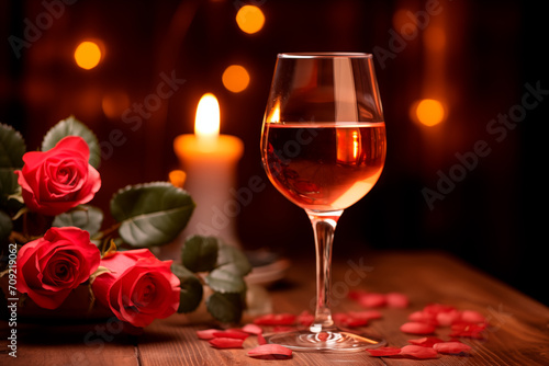glass of white wine and roses on the table for a date