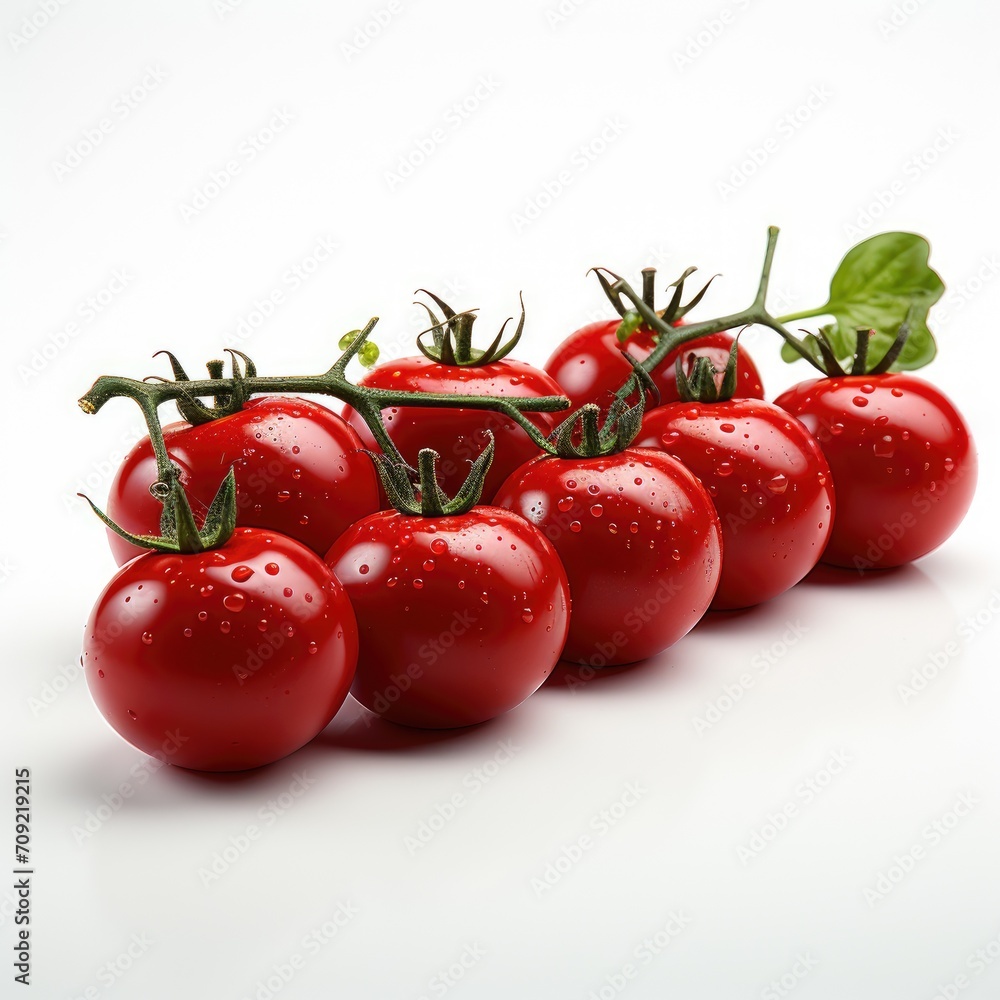 Branch of fresh cherry tomatoes isolated on white, top view. Fresh red tomatoes isolated. Tomato branch on white. Fresh healthy vegetables. Branch of fresh cherry tomatoes isolated on white, top view. Fresh red tomatoes isolated. Tomato branch on white. Fresh healthy vegetables.