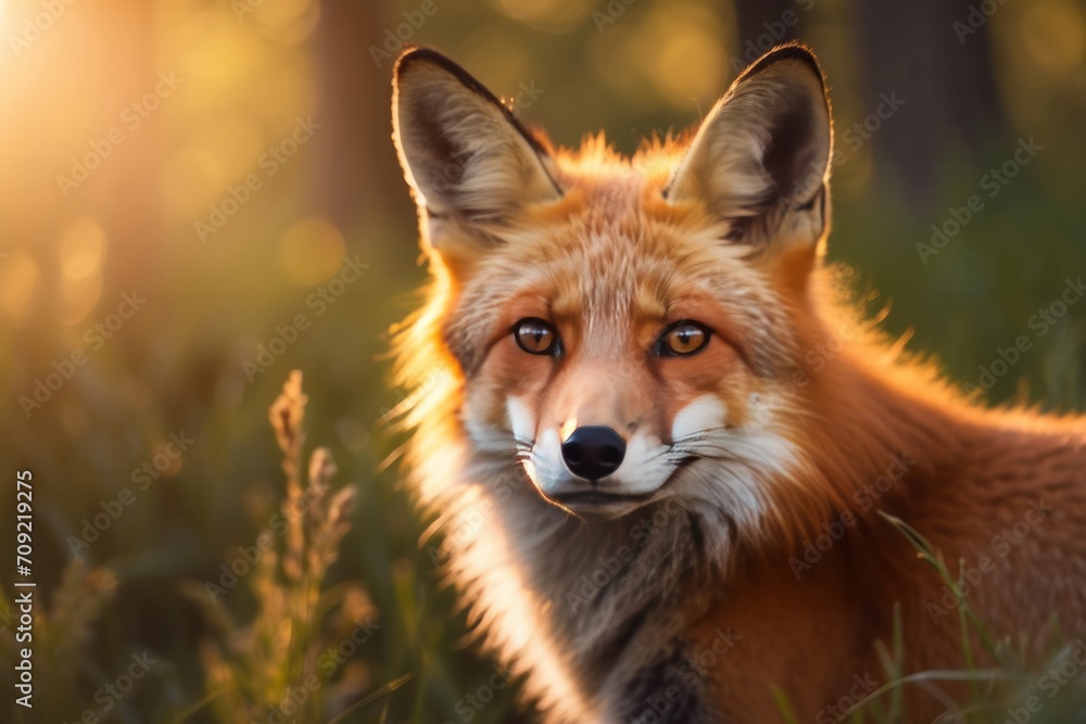 Beautiful close-up portrait of a fox in the forest at sunset in the grass.